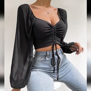 New Sweetheart Neck Drawstring Lantern Sleeve Crop Top